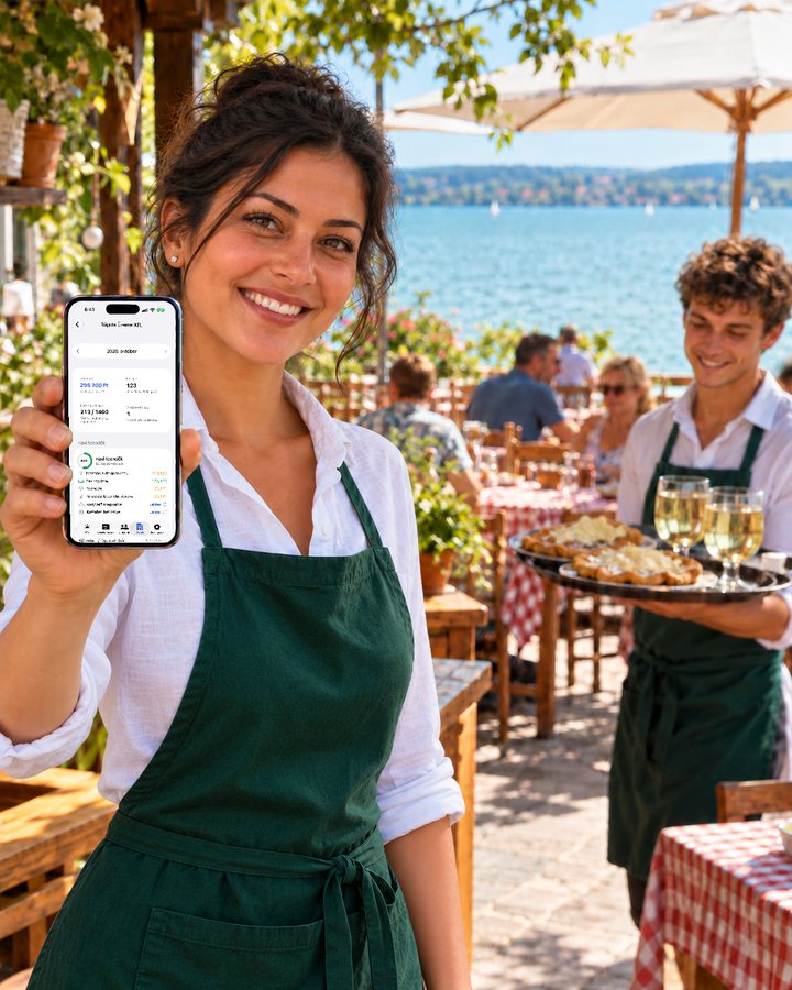 Balatoni büfé, a tulajdonos telefonján a havi teendők és a közteher